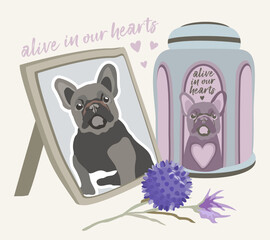 Pet cremation. Photo of lovely dog, cremation urn, toy ball and flower. Vector isolated illustration with lettering.