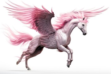 Naklejka na ściany i meble Exquisite Depiction Of Pinkwinged Pegasus, Mythical Creature From Greek Mythology, In Flight Against White Studio Background