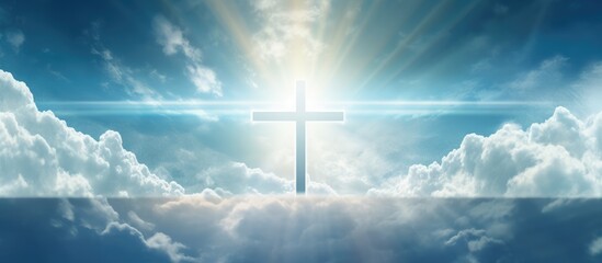 Christian Easter concept with a radiant cross in the sky symbolizing faith in Jesus Christ...
