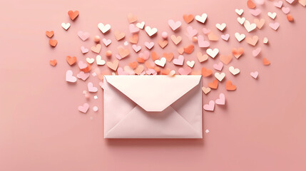 love letter envelope with paper craft hearts on pink background, generative AI - obrazy, fototapety, plakaty