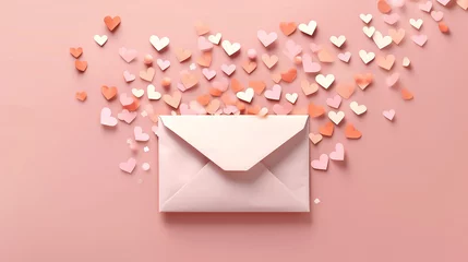 Foto op Plexiglas love letter envelope with paper craft hearts on pink background, generative AI © ShAhZaIb