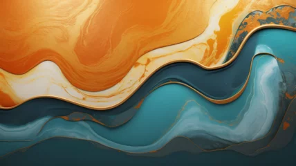 Deurstickers Flowing Modern Acrylic Pour Wallpaper in Beautiful Teal and Orange colors. Liquid texture with Gold Glitter   Background © Edge of Art 