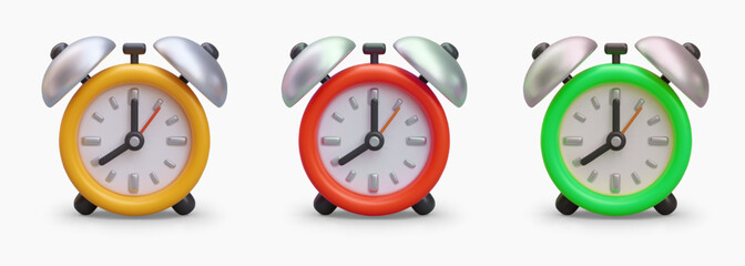 3D stylized vintage alarm clocks in cartoon style, front view. Device for wake up sound signal. Set of yellow, red, green images. Icons for application, website
