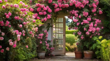 Fototapeta na wymiar Charming English Garden with Roses in Full Bloom