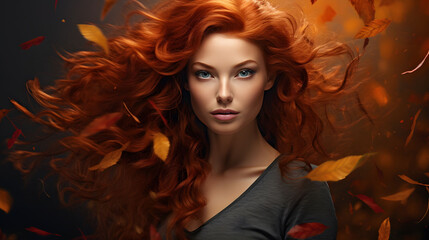 Beautiful woman with red hair and autumn leaves symbolizing autumn season over background.