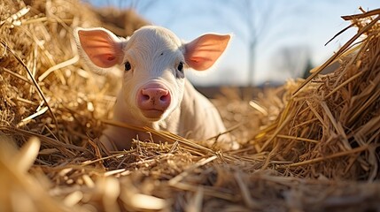 Young piglet on hay at pig farm. Agriculture environment illustration. Generative AI