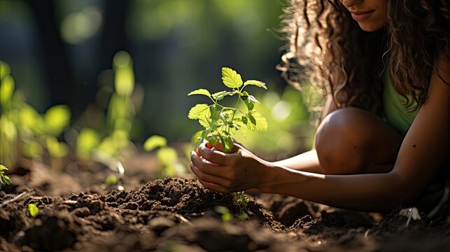 Unrecognizable woman holding a green seedling growing in soil. Anonymous female organic farmer protecting a young plant in her garden. Agriculture environment illustration. Generative AI