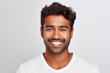 Closeup Photo Portrait Showcases Handsome Indian Man With Beaming Smile, Displaying Clean Teeth And Fresh Hairstyle, Ideal For Dental Advertisement The Image Is Set Agains()