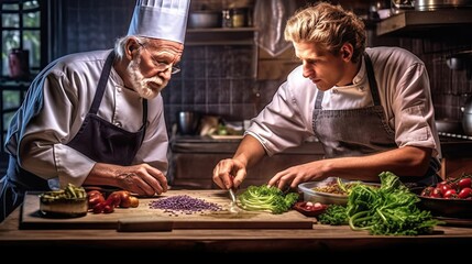 Chef consulting his trainee while cooking salad. Beautiful style illustration. Generative AI - obrazy, fototapety, plakaty