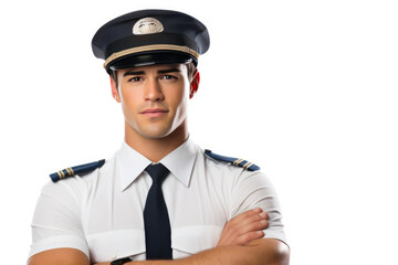 Closeup Photograph Features Young American Aircraft Pilot, Proudly Standing With His Hands Crossed, Dressed In His Uniform And Hat This Pilot Is Isolated On White Studio Background,