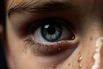 Closeup Photograph Zooms In On Young Boys Tearful Eye And Face, Highlighting The Visible Tears