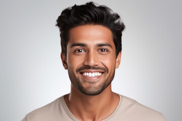 Closeup Photo Portrait Showcases Handsome Indian Man With Beaming Smile, Displaying Clean Teeth And Fresh Hairstyle, Ideal For Dental Advertisement The Image Is Set Agains()