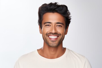 Closeup Photo Portrait Showcases Handsome Indian Man With Beaming Smile, Displaying Clean Teeth And Fresh Hairstyle, Ideal For Dental Advertisement The Image Is Set Against Wh