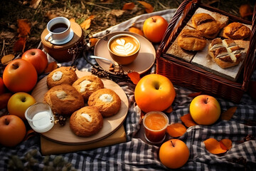 Obraz na płótnie Canvas Cozy autumn picnic with hot drinks, buns and fruits on warm blanket amidst golden fall leaves. Autumnal outdoor leisure, picnics, cozy gatherings concept
