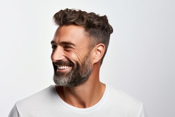 Obraz premium Portrait Showcasing Handsome Man, Smiling With Clean Teeth, Ideal For Dental Advertisements He Boasts Stylish Hair, Beard, And Strong Jawline, Isolated On White