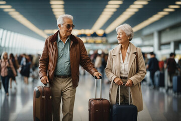 Senior couple at the airport with luggage - obrazy, fototapety, plakaty