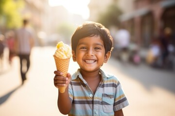 Cute And Young Indian Child, Boy, Savoring Gelato Ice Cream Cone On Sunny Summer Day In The City, With Blurred Background