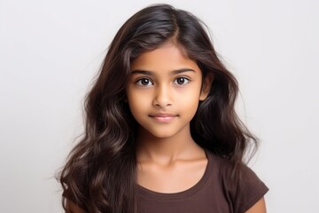 Fototapeta premium Closeup Portrait Presents A Beautiful Young Asian Indian Teen Girl Gazing Forward, Offering Ample Copy Space For Childfocused Advertisements She Is Elegantly Isolated On A White Backgro