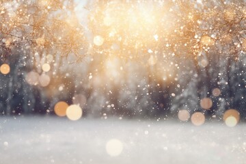 Abstract magic winter landscape with snow and golden bokeh lights - Banner, Panorama