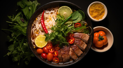 Pho Bo vietnamese soup with beef and noodles on a wooden background - obrazy, fototapety, plakaty