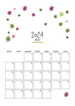 May 2024 Wall Calendar. Sketch Style. Printable A4 Portrait Template.