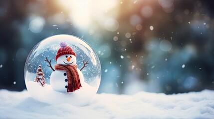A Christmas glass sphere resting on snowy ground, containing a snowman within. A wintry scene. Generative AI - obrazy, fototapety, plakaty