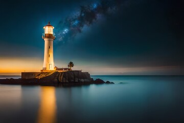 Naklejka premium lighthouse at dusk at night