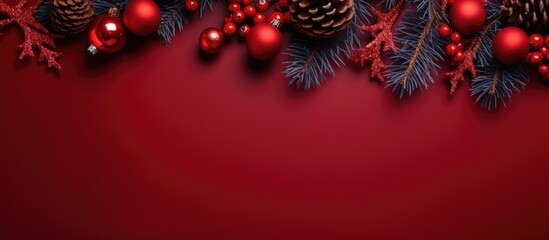 Christmas themed still life arrangement with red ornaments and fir tree branches on a red backdrop Overhead shot with blank area for text - obrazy, fototapety, plakaty