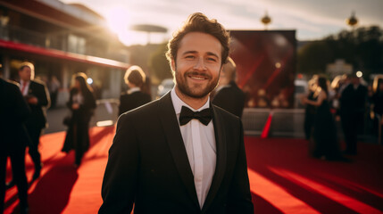 Male actor director on celebrity red carpet. Festive award ceremony event