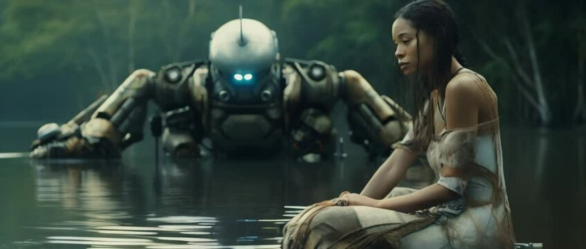 A cyberpunk girl trespassing a river with big robot. Sci-fi concept. Anamorphic 4K footage
