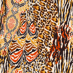Leopard snake tiger skins patchwork camouflage wallpaper abstract vector seamless pattern