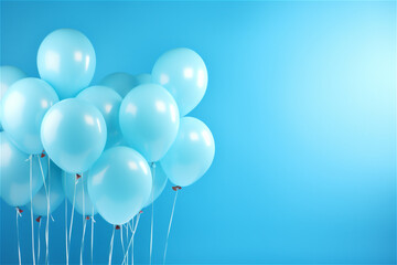 Bunch of blue latex blue round balloons composition for birthday or valentines day party on blue background