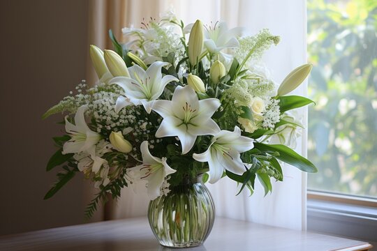 Photo of clear vase full of white lilium flowers on table created with Generative AI technology