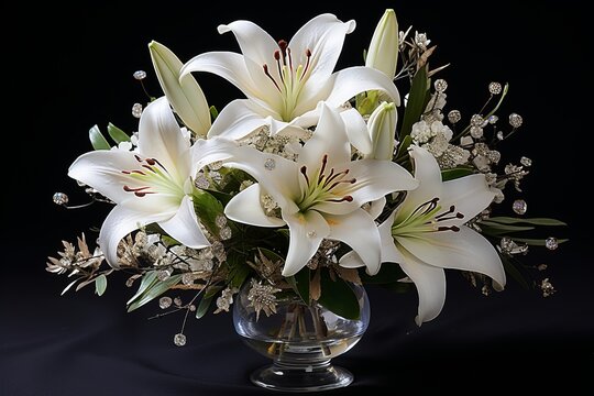 Photo of a beautiful arrangement of white flowers in a vase on a table created with Generative AI technology