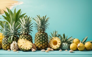 Pineapple Fruits and Sliced Fresh on Mint Background for Summer Time, Tropical Season and Healthy Food, using generative ai
