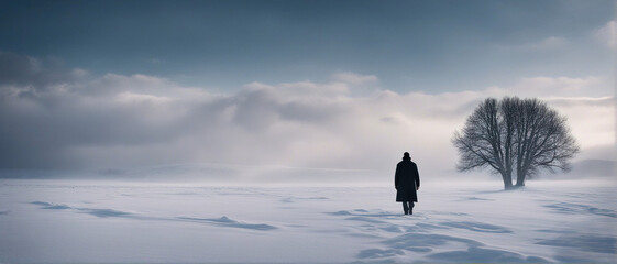 Wide-angle shot of a landscape of an empty snowy field and a silhouette of a man against the background of a gloomy winter sky with clouds. Cinematic composition. Impressive winter landscape.