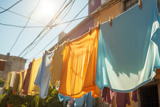 Linen Hanging On The Clothesline And Dried Stock Photo - Download Image Now  - Clothesline, Laundry, Clothing - iStock