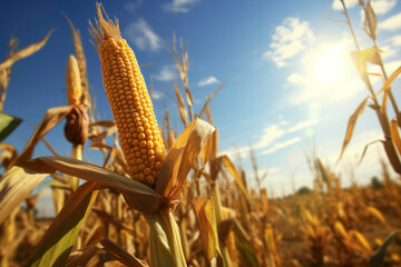 Corn field in the afternoon sunlight. Organic food. Cornfield ready for harvest. Corn plantation field. Golden brown corn field