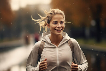 Young woman running outdoor during workout on autumn day. Woman jogging in park. Active woman. Cardio training. Physical fitness. Cardio workout. Healthy lifestyle. Daily routine - obrazy, fototapety, plakaty