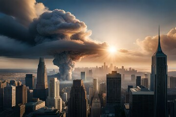 city skyline blast mushroom clouds