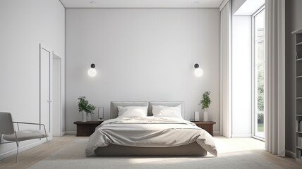 bedroom interior in white color, mock-up, light from the window on the right
