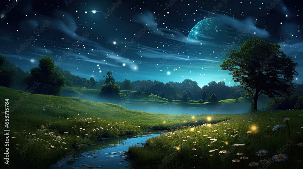 Wall mural Enchanting Moonlit Meadow with Fireflies