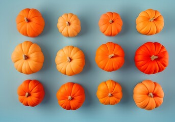 Top View orange pumpkins on a blue background. Halloween, holiday concept, Generative AI
