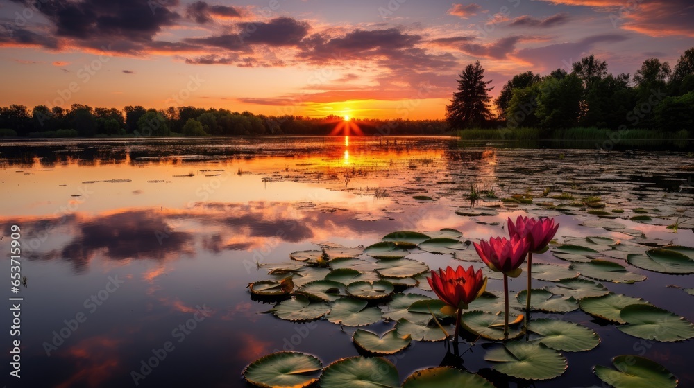 Canvas Prints enchanting water lily pond at sunset