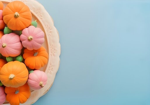Top View Colorful little pumpkins on a plate on a blue background, copy space. Holiday, Halloween concept. Generative AI.