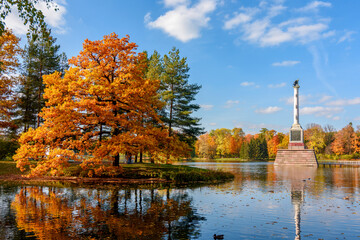 Chesme column on island of Grand pond in autumn in Catherine park, Pushkin, Saint Petersburg, Russia