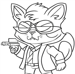 Cute Cat Gangster Coloring Page Vector