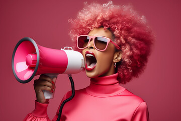 Fototapeta premium Attractive african american woman shouting through megaphone. Generative AI