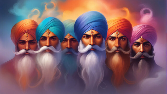 Portrait of a group of sikh men with colorful turban.