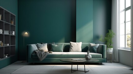 The interior in petroleum color of a modern living room with a free wall, daylight from the window